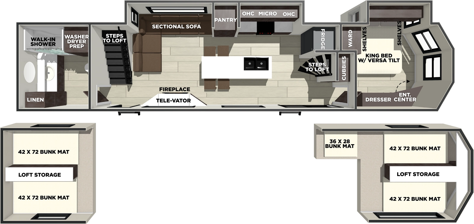 The Wildwood Lodge 42ICE floorplan has two entries and two slide outs. Exterior features include: fiberglass exterior and 15' awning. Interiors features include: loft, kitchen island, front bedroom and rear bathroom.
